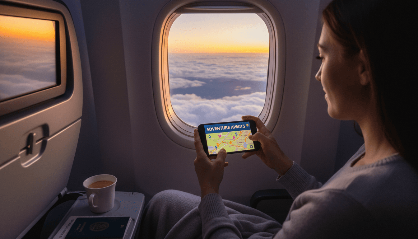 Traveler using mobile app on plane overlooking scenic landscape