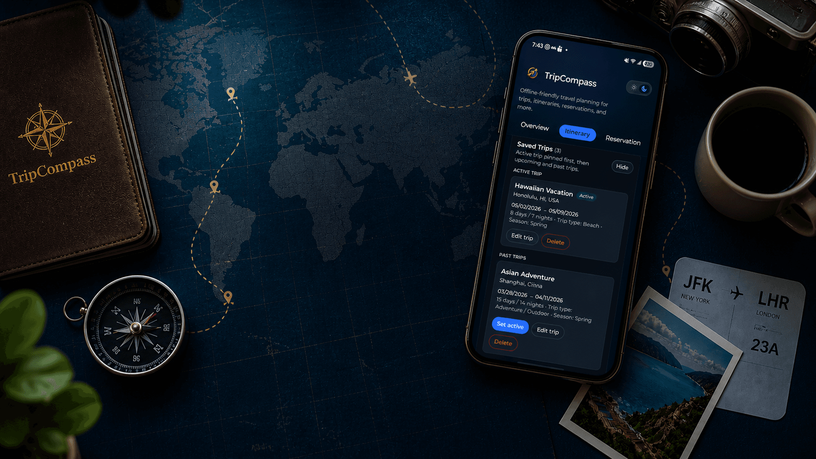 Smartphone displaying a travel planning app on a world map with a compass and journal.