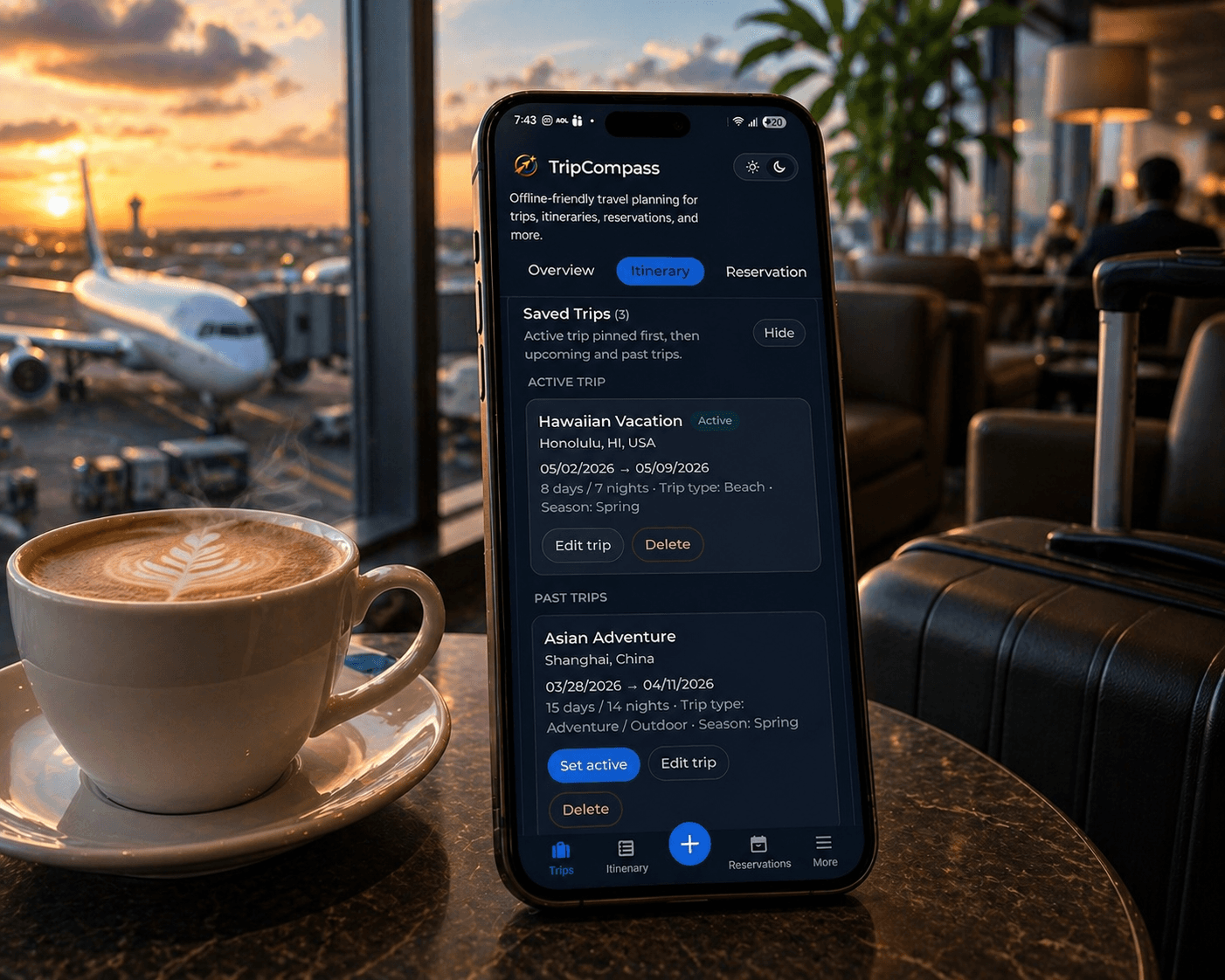 Smartphone showing travel itinerary next to a latte with an airplane view at sunset.