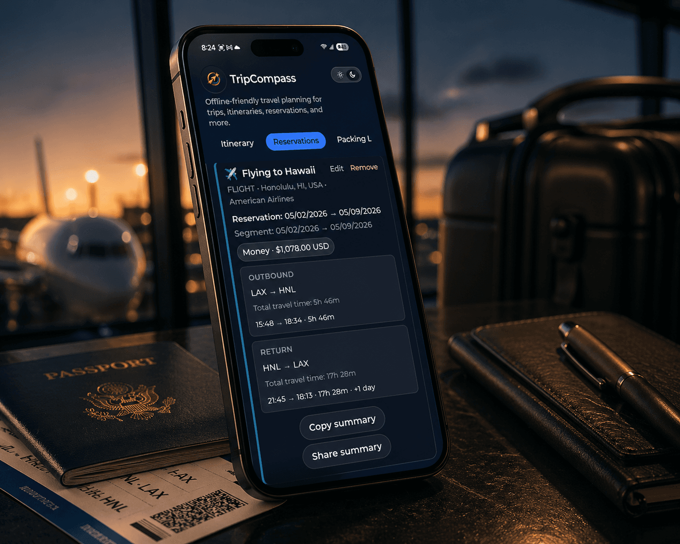 Smartphone showing a travel itinerary app next to a passport in an airport setting.