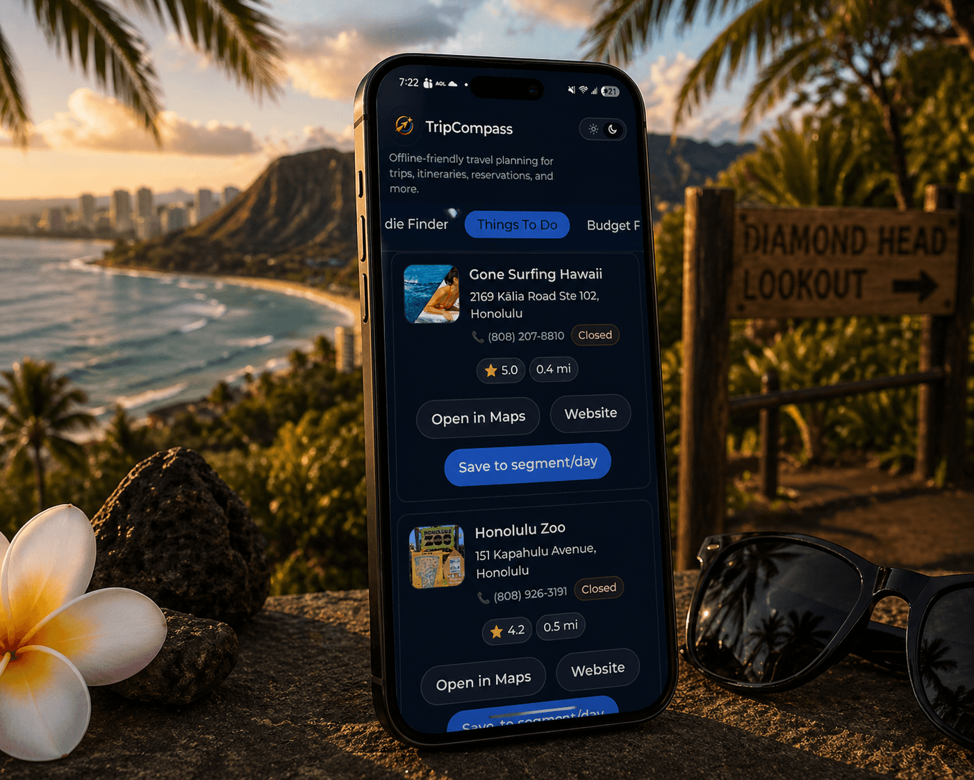 Smartphone showing a travel app with Honolulu listings, overlooking a scenic Diamond Head sunset view.