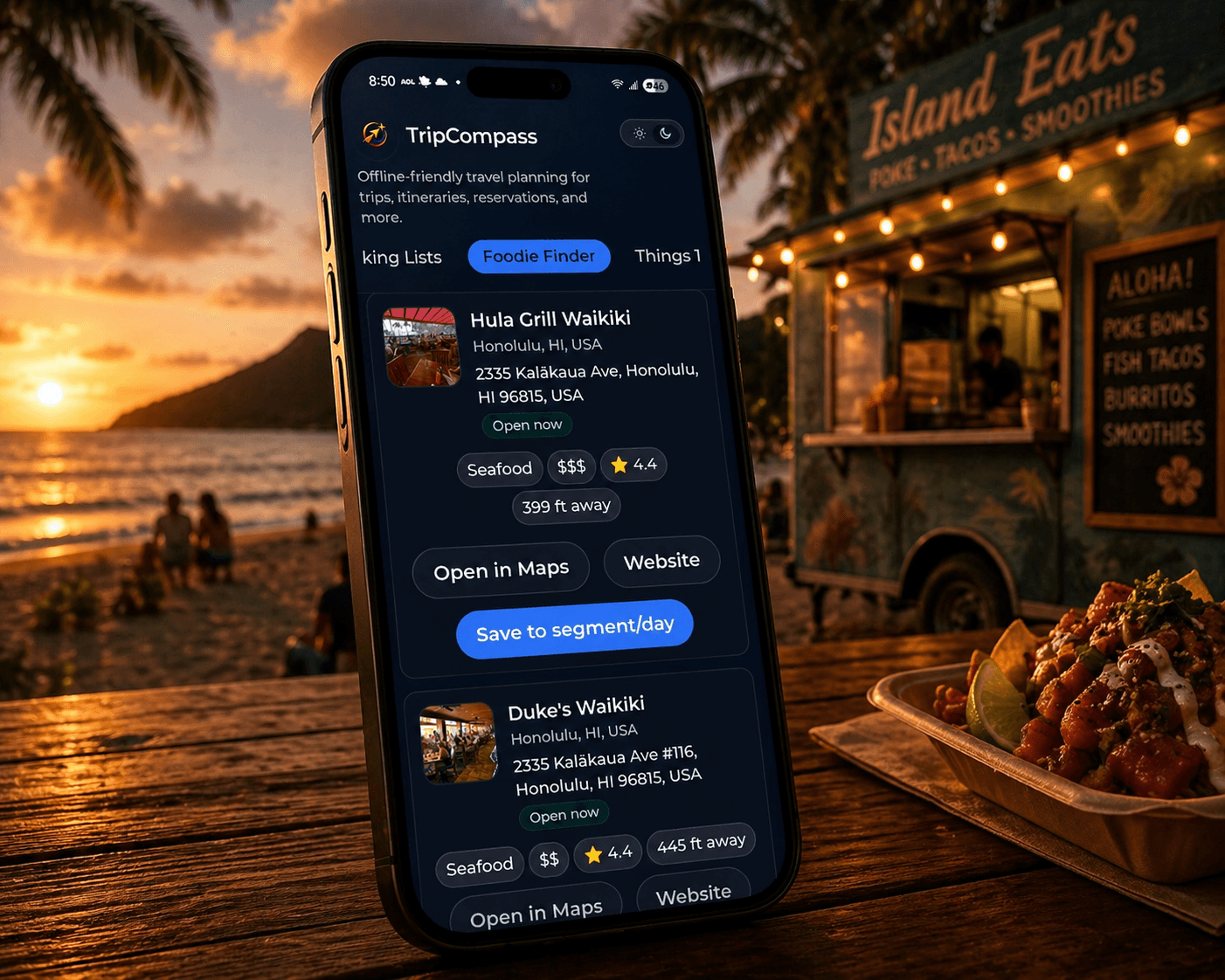 Smartphone displaying a travel app with restaurant listings against a tropical beach sunset background.