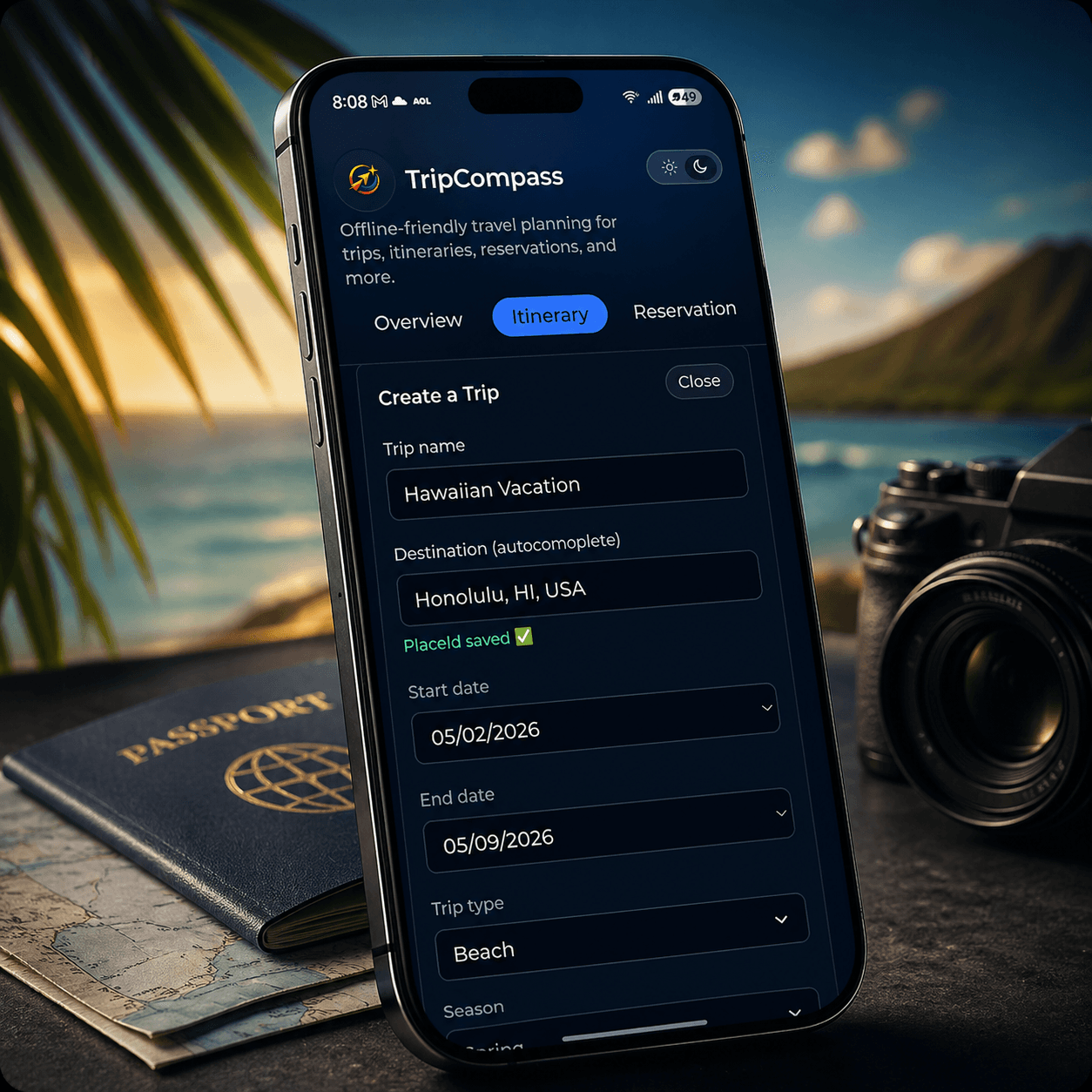 Smartphone displaying TripCompass app's trip planner for a Hawaiian vacation against a tropical background.