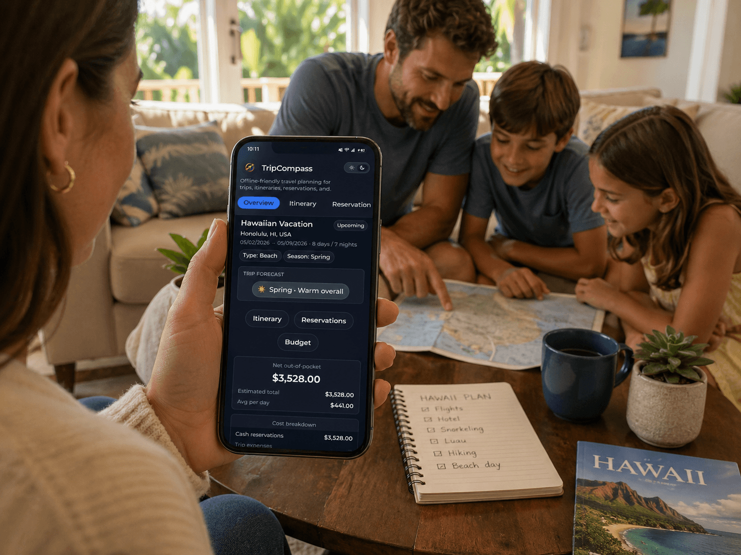 Family planning a Hawaii trip using a mobile app, paper map, and a handwritten checklist.