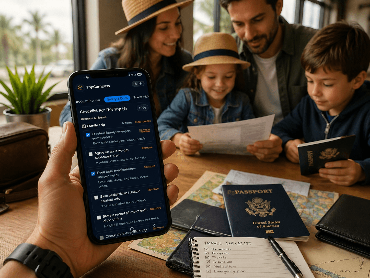 Hand holding a smartphone with a travel checklist app over passports and a happy family.