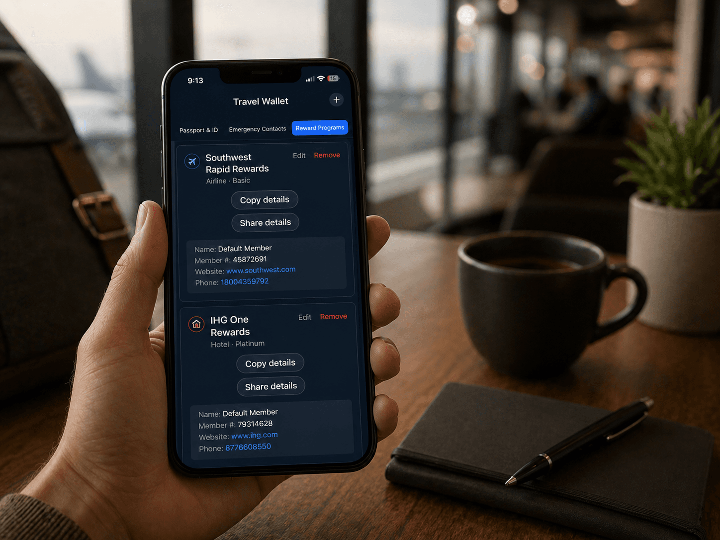 Hand holding a smartphone displaying a travel wallet app with airline and hotel reward programs.
