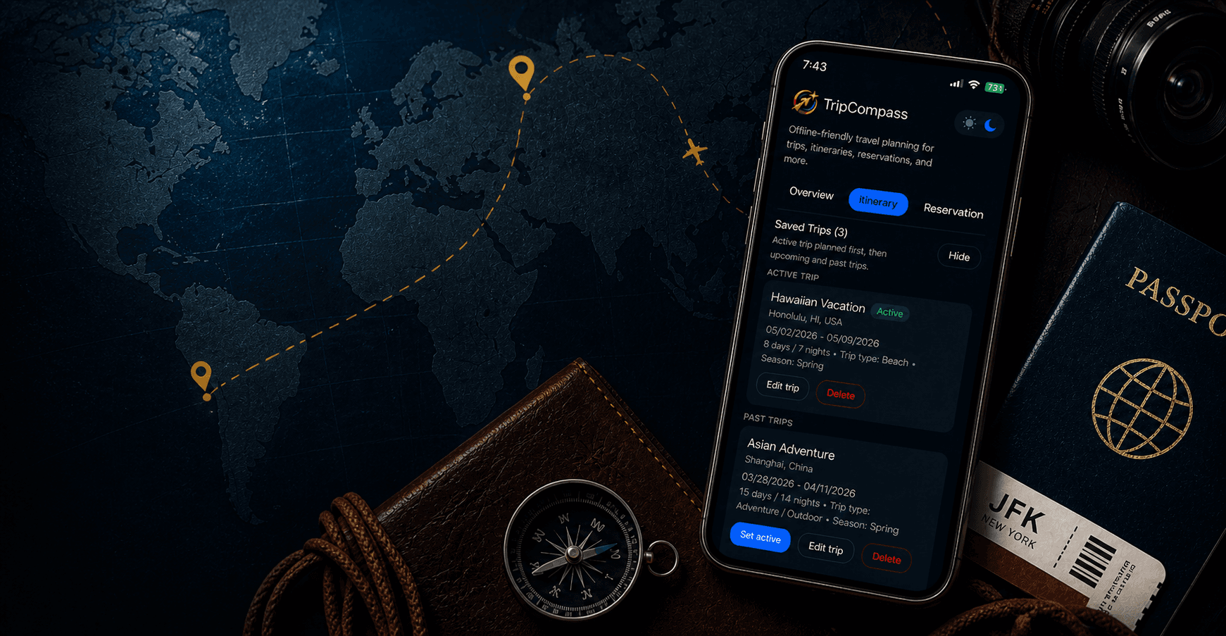 Smartphone displaying a travel app alongside a passport, compass, and a dark world map background.