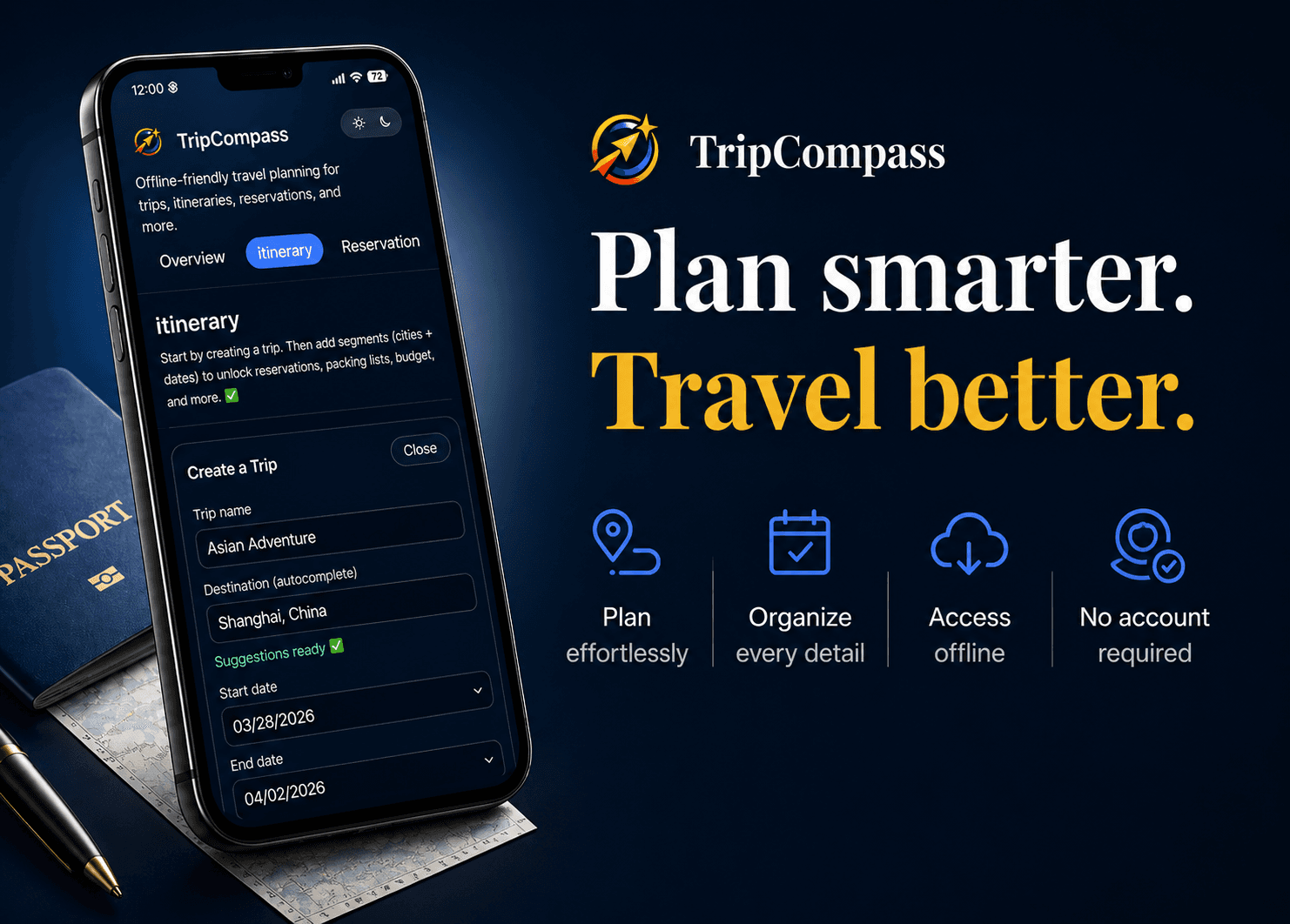 Smartphone displaying TripCompass app interface with a passport, map, and travel planning promotional text.
